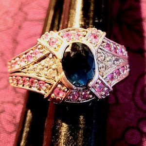 14k White gold on 925 Blue & Pink Sapphire Ring